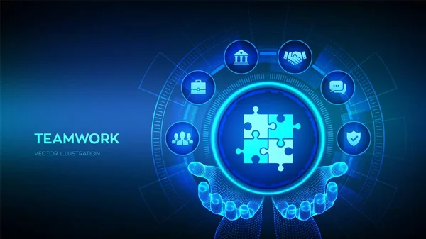 팀워크 비즈니스 파트너 개념을 화면에서 수있습니다 세계적 네트워크 Puzzle Team — 스톡 벡터