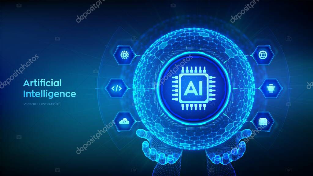 AI. Artificial Intelligence in the shape of sphere with hexagon grid pattern in wireframe hands. Machine Learning Concept. Big data. Neural networks. AI and virtual technology. Vector illustration