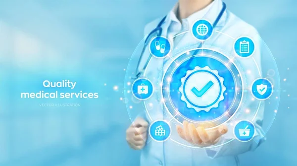 Serviços Médicos Qualidade Certificação Garantia Melhoria Qualidade Médico Segurando Mão —  Vetores de Stock