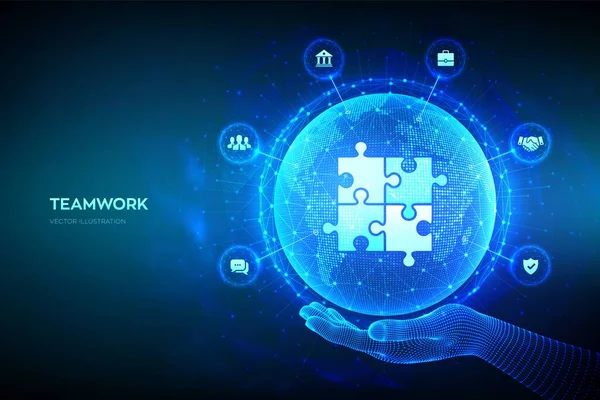 Teamwork Technologiekonzept Geschäftspartnerschaft Globales Kommunikationsnetzwerk Für Zusammenarbeit Puzzle Team Elemente — Stockvektor