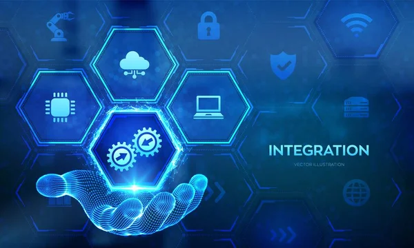 Ολοκληρωμένο Σύστημα Δεδομένων System Integration Technology Concept Wireframe Hand Βιομηχανική — Διανυσματικό Αρχείο