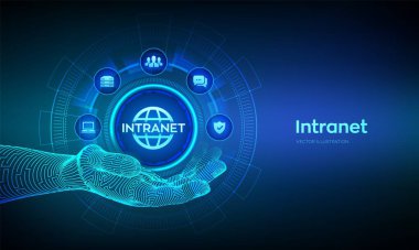 Robot elde INTRANET simgesi. Sanal ekranda Global Network Connection Technology konsepti. Şirketler Arası İletişim Belgesi Yönetim Sistemi Dms. Vektör illüstrasyonu