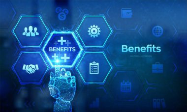 Çalışan yardımları en iyi insan kaynakları konseptini sanal ekrana taşımaya yardımcı olur. Kâr, Yardım, Sağlık Sigortası. Robot el dijital arayüze dokunuyor. Vektör illüstrasyonu