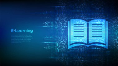 E- öğrenme ikili kodla yapılır. Yenilikçi online eğitim. Webinar, online eğitim kursları veriyor. Yetenek geliştirme. Dijital kod arka planında dijital veri aktarımı. Vektör illüstrasyonu