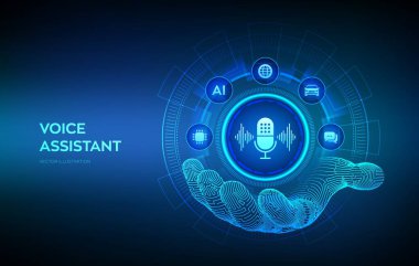 Ses asistanı simgesi robot elde. Sanal ekranda kişisel asistan ve ses tanıma teknolojisi konsepti. Ses ve ses taklit hatları olan mikrofon düğmesi. Vektör illüstrasyonu