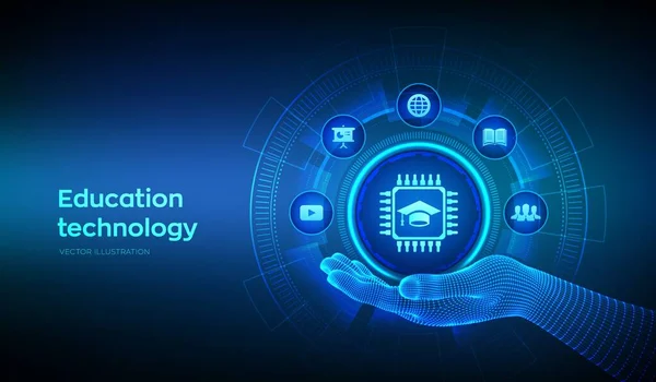 Educatie Technologie Icoon Wireframe Hand Met Edtech Innovatief Online Learning — Stockvector