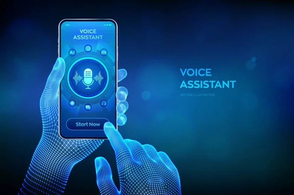 Asistente Voz Asistente Personal Concepto Tecnología Reconocimiento Voz Botón Micrófono — Vector de stock