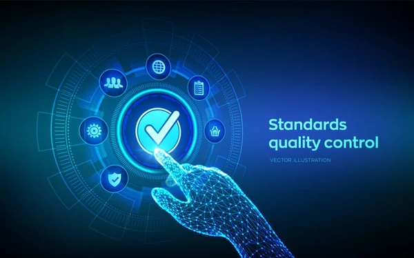 Iso Standards Qualitätskontrolle Garantie Geschäftstechnologie Konzept Iso Standardisierungszertifizierung Branchendienstleistungskonzept Roboterhand — Stockvektor