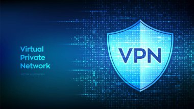 VPN. İkili kodla sanal özel ağ simgesi oluşturuldu. Veri şifreleme, IP yerine. VPN bağlantısını sağlama al. Siber güvenlik ve mahremiyet. 1.0 basamaklı matris arkaplanı. Vektör İllüstrasyonu