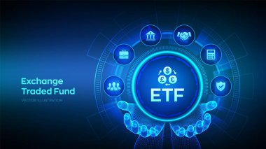 ETF. Borsa borsası borsa yatırım konseptini kablo çerçeveli ellerde değiş tokuş ettik. Borsa endeks fonu. İş büyümesi. Vektör illüstrasyonu