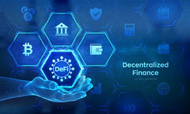 DeFi. Ademi merkeziyet. Engelleme zinciri, merkezi olmayan finansal sistem. Tel çerçeveli iş teknolojisi konsepti. Vektör illüstrasyonu