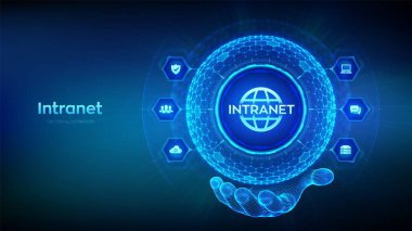 İzinsiz giriş. Küre şeklindeki Global Network Connection Technology konsepti, kablo çerçeveli altıgen şebeke desenli. İşletme içi iletişim. - DMS. Vektör illüstrasyonu