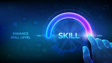 Yetenek seviyeleri artıyor. Yetenek Seviyesi Artıyor. Tel çerçeveli el, Skill sözcüğüyle maksimum konum ilerleme çubuğuna yanaşıyor. Profesyonel ya da eğitici bilgi kavramı. Vektör