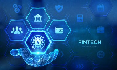 Fintech. Finansal teknoloji, çevrimiçi bankacılık ve kablo çerçevesinde kitle fonlama ikonu. İş yatırım bankacılığı ödeme teknolojisi kavramı sanal ekranda. Vektör illüstrasyonu