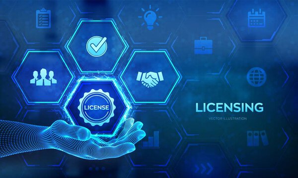 Licensing. License agreement concept in wireframe hands. Copyright protection law license property rights. Business technology concept on virtual screen. Vector illustration