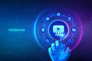Giyin. İnternet konferansı. Web tabanlı seminer. Mesafe öğrenme. Sanal ekranda e-öğrenim iş teknolojisi kavramı. Dijital arayüze elle dokunmak. Vektör illüstrasyonu
