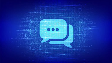 İkili kodla oluşturulmuş sohbet simgesi. Chatbot asistan başvurusu. Kabarcık konuşması. Diyalog balonu. İkili veri ve dijital kod yayını. 1.0 basamaklı matris arkaplanı. Vektör İllüstrasyonu