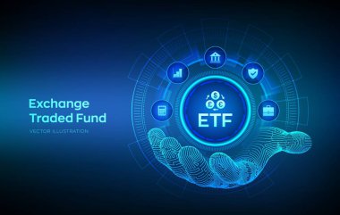 ETF. Borsa, borsa, borsa, borsa, yatırım, finans kavramını el ile değiştirdi. Borsa endeks fonu. İş büyümesi. Vektör illüstrasyonu