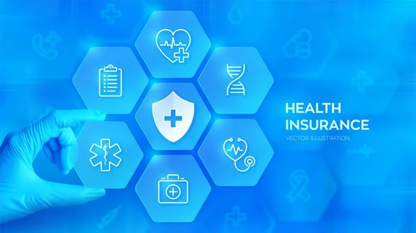 Seguro Salud Salud Servicios Médicos Guante Mano Azul Coloca Elemento — Archivo Imágenes Vectoriales