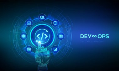 Devops, ne kadar iyi. Sanal ekranda çevik geliştirme ve optimizasyon konsepti. Yazılım mühendisliği. Yazılım geliştirme uygulamaları metodolojisi. Robotik el dijital arayüze dokunuyor. Vektör çizimi