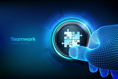 Takım çalışması düğmesi. Bulmaca Takımı element simgesi. İş ortaklığı konsepti. Küresel işbirliği iletişim ağı. Yakın plan parmak, üzerinde takım çalışması işareti olan bir düğmeye basmak üzere. Vektör illüstrasyonu