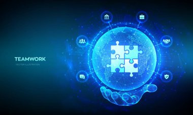 Takım çalışması teknolojisi konsepti. İş ortaklığı. Küresel işbirliği iletişim ağı. Bulmaca Takımı elementleri. Dünya haritası, çizgi kompozisyonu. Dünya gezegeni küresi elimizde. Vektör illüstrasyonu