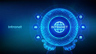 İzinsiz giriş. Küre şeklindeki Global Network Connection Technology konsepti ve kablo çerçeveli ellerde altıgen ızgara deseni. İşletme içi iletişim. - DMS. Vektör illüstrasyonu
