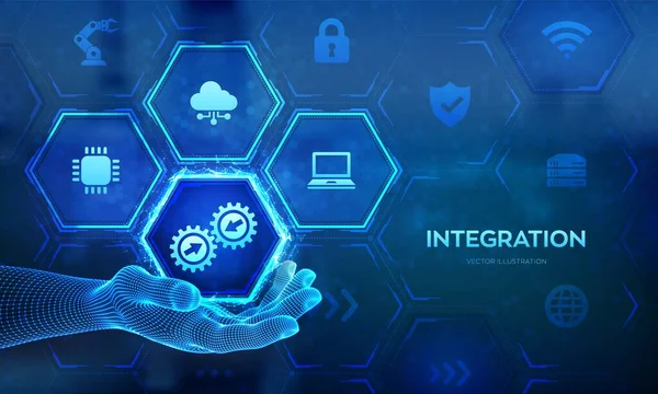 Integration Data System System Integration Technology Concept Wireframe Hand Industrial — 图库矢量图片
