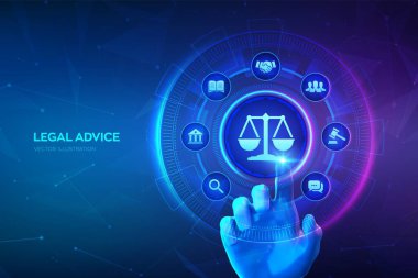 Çalışma hukuku, avukat, hukuk avukatı, sanal ekranda hukuki danışmanlık kavramı. İnternet hukuku ve siber hukuk dijital yasal hizmetler ya da online avukat tavsiyesi olarak. Dijital arayüze elle dokunmak. Vektör. EPS10