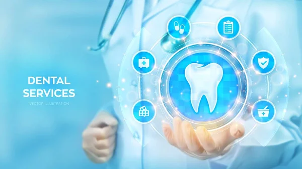 歯科医 歯の概念 歯科保険 歯のケア 歯の世話をする 仮想画面上の手の歯のアイコンと医療アイコンネットワーク接続で保持医師 ベクターイラスト — ストックベクタ