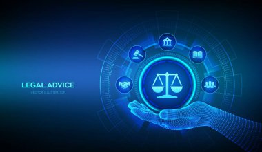 Çalışma hukuku, avukat, hukuk avukatı, sanal ekranda hukuki danışmanlık kavramı. İnternet ve siber hukuk dijital yasal hizmetler ya da online avukat tavsiyesi olarak. Kablo çerçeveli bir kanun imzası. Vektör illüstrasyonu