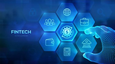 Fintech. Finansal teknoloji, çevrimiçi bankacılık ve sanal ekranda kitle fonlama iş konsepti. Tel çerçeveli el, Fintech 'i görselleştiren bir bileşime bir element yerleştirir. Vektör illüstrasyonu