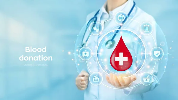 Begreppet Blodgivning Medvetenhet Blodgivarens Dag Läkaren Håller Handen Droppe Blod — Stock vektor