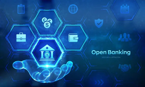 Open Banking Wireframe Hand Bankdienstleistungen Api Finanztechnologie Fintech Business Technologie — Stockvektor