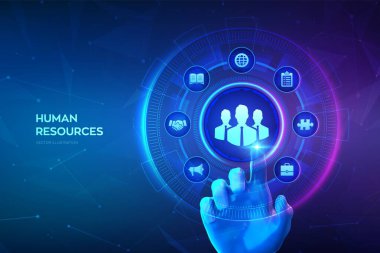 Human Resources. HR management, recruitment, employment, headhunting business concept. Human social network and leadership. Hand touching digital interface. Vector illustration