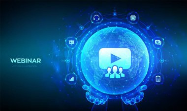 Giyin. İnternet konferansı. Web tabanlı seminer. Çevrimiçi eğitim kursları. E-öğrenme eğitim konsepti. Dünya haritası ve çizgi kompozisyonu. Dünya gezegeni küresi kablo çerçeveli ellerde. Vektör illüstrasyonu