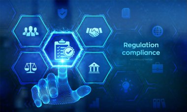 Regulation Compliance financial control internet technology concept on virtual screen. Reg Tech. Compliance rules Law regulation policy. Wireframe hand touching digital interface. Vector illustration clipart