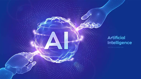 Aiについて 人工知能 ロボットと人間の触れる球の手 グリッド波とバイナリコード 人工知能と機械学習技術のコンセプト ニューラルネットワーク ベクトルイラスト — ストックベクタ