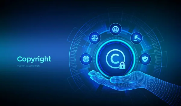 ワイヤーフレームハンドの著作権アイコン 特許および知的財産保護法および権利について ビジネスアイデアとヘッドカウンターの概念を保護する ベクトルイラスト — ストックベクタ