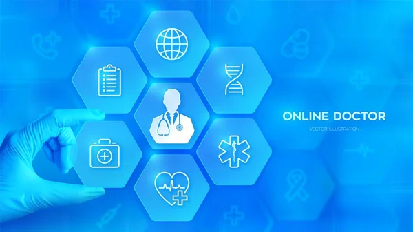 Consulta Médica Online Cuidados Saúde Online Aconselhamento Médico Mão Luva —  Vetores de Stock