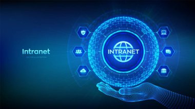 İzinsiz giriş. Küre şeklindeki Global Network Connection Technology konsepti, kablo çerçeveli altıgen şebeke desenli. İşletme içi iletişim. - DMS. Vektör illüstrasyonu