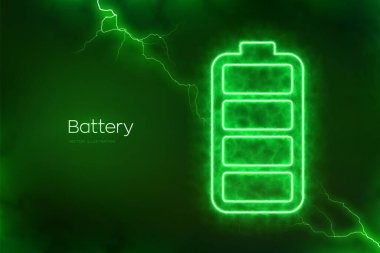 Elektrik enerjisi ışık efektli bir pil simgesi. Yeşil Enerji. Şarj noktası istasyonu. Şarj edilebilir akümülatör. Batarya güç kaynağı arka planı. Elektrik boşaltımı efektleri. Vektör illüstrasyonu