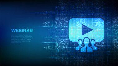 Giyin. İkili kodlu internet konferans simgesi. Web tabanlı seminer. Uzaktan öğrenme E-öğrenme. İş Eğitimi. Dijital kod arka planında dijital veri aktarımı. Vektör illüstrasyonu