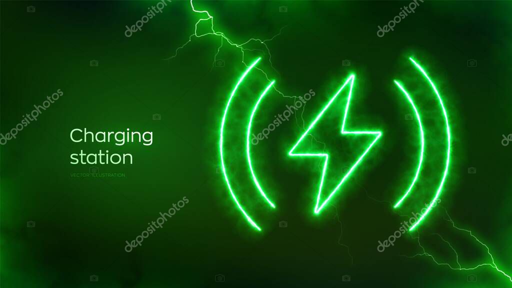 Wireless charging icon with electrical energy glow effect. Fast charge symbol. Wireless charger concept. Inductive dock station for charging devices. Electric discharge effects. Vector illustration