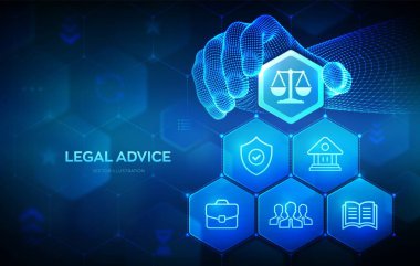 Çalışma hukuku, avukat, avukat, hukuki danışmanlık kavramı. İnternet hukuk hizmetleri ve siber hukuk. Telgraf çerçeveli el, online avukat tavsiyesini görüntüleyen bir kompozisyona bir unsur yerleştirir. Vektör illüstrasyonu