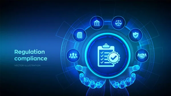 stock vector Regulation Compliance financial control internet technology concept on virtual screen. Compliance rules icon in wireframe hands. Reg Tech. Law regulation policy. Vector illustration