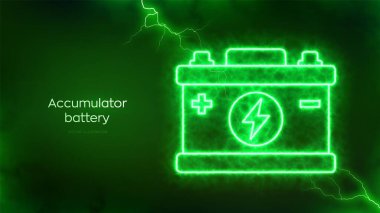 Elektrik enerjisi parıltısı etkisi olan akümülatör pil simgesi. Otomobil akümülatörü. Yeşil Enerji. Şarj noktası istasyonu. Batarya güç kaynağı arka planı. Elektrik boşaltımı efektleri. Vektör