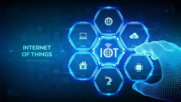 IOT. İnternet gibi şeyler. Bağlantı aygıtı konsepti ağı ve internet ile ilgili her şey. Tel çerçeveli el, IOT 'yi görselleştiren bir bileşime bir element yerleştirir. Vektör illüstrasyonu