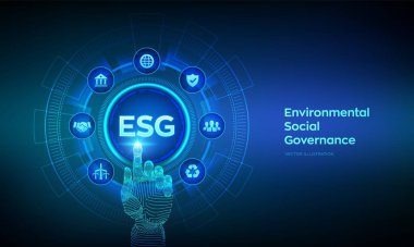 ESG. Sanal ekranda Çevre Sosyal Yönetimi kavramı. Gelecekteki çevresel koruma ve ESG modernizasyon gelişimi. Robot el dijital arayüze dokunuyor. Vektör illüstrasyonu