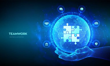 Takım çalışması teknolojisi konsepti. İş ortaklığı. Küresel işbirliği iletişim ağı. Bulmaca Takımı elementleri. Dünya haritası, çizgi kompozisyonu. Dünya gezegeni küresi elimizde. Vektör illüstrasyonu